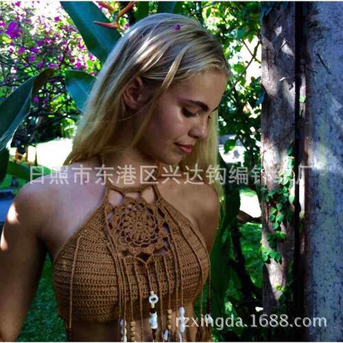 Handmade crocheted knitted bikini swimsuit with neck,