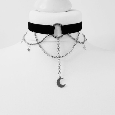 Goth Tattoo Inverted Crescent Sretchy Chain Choker Black Moo