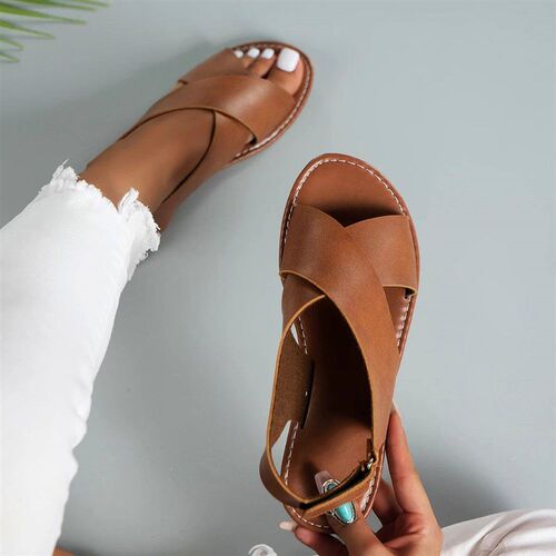 Plus Size 36-43 Women Sandals Fashion Cross Wide Strap Flat