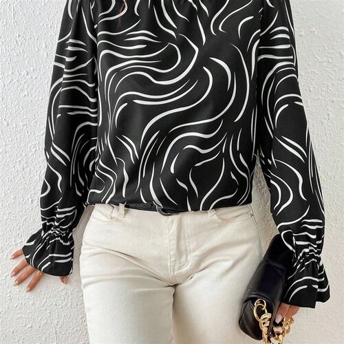 2025 Womens Printed Lotus Leaf Long Sleeve Lotus llar Shirt
