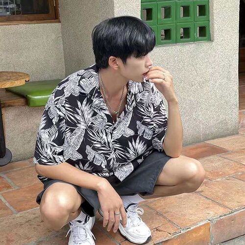 Hawaiian Floral Short-sleeved Shirt Mens Loose All-match Su