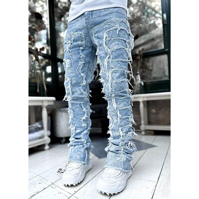 Mens Regular Fit Stacked Jeans Ripped Slim Fit Patch