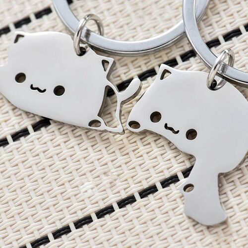 Cute Cat Keychain Stainless Steel Key ring Couple Lover Anim