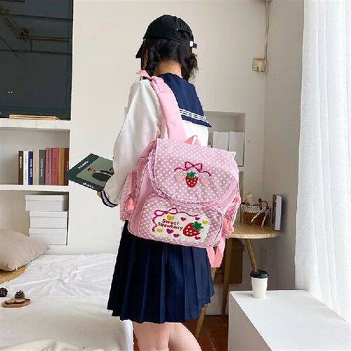 Kawaii Kids School Bag Cute Strawberry Embroidery Dots