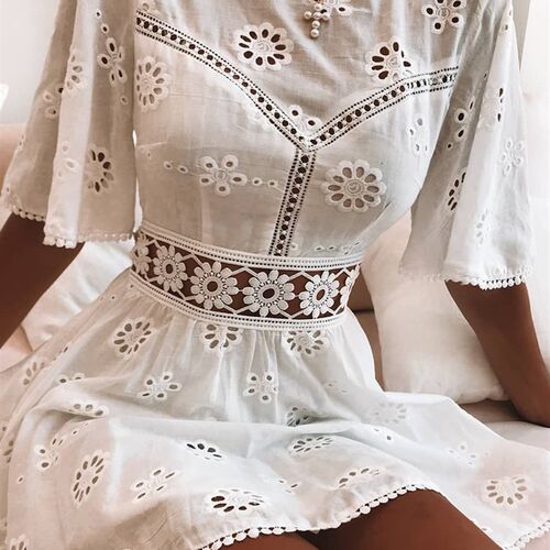 Summer Dress Women Boho White Lace Mini Dress Female Round