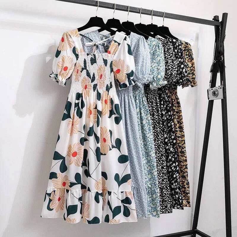2023 Summer Women Print Dresses Short Sleeve Pleated Casual图片