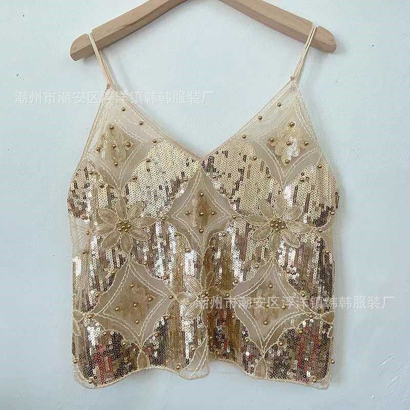Niqian Womens Heavy Industry Sequin Beads Suspender Inner W