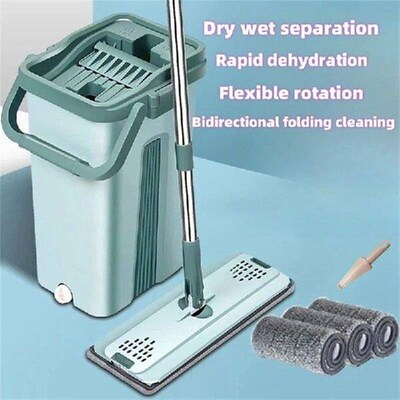 SOFT-Flat Squeeze Mop With Bucket Hand Free Wringing Floor
