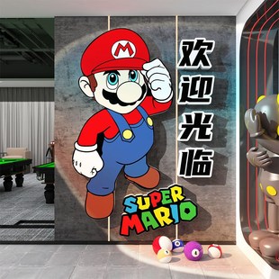 麻将馆棋牌室装饰墙贴挂画请上二楼梯台阶改扶手指示牌马里奥布置