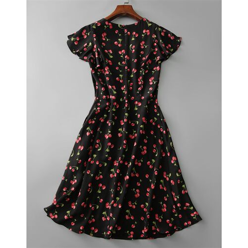 Women Dress Vintage Cherry Print Butterfly Sleeve Elegant Bl