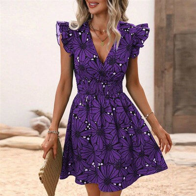 Fashion V-Neck Printed Dress Womens Petal Sleeve Mini