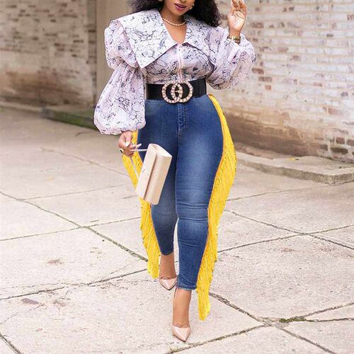 Fashion Yellow Tassel Skinny Jeans For Women High Waisted Vi