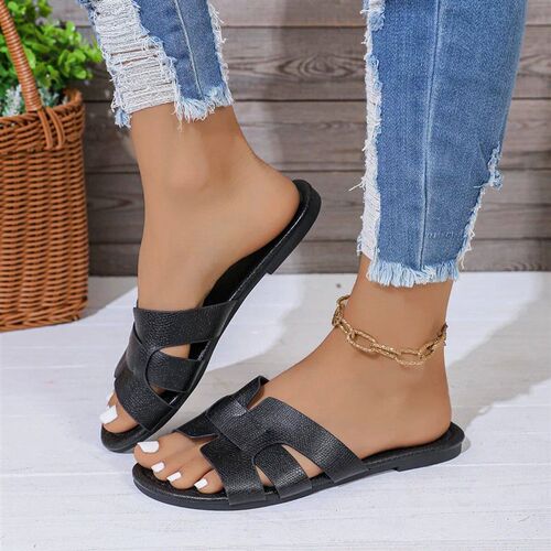 Womens Black Flat Slippers Open Heel Sandals Casual Beach