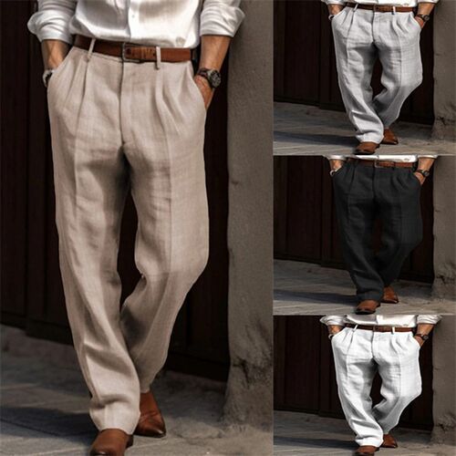 Mens Linen Trousers Double Pleated Front Bag Straight Solid