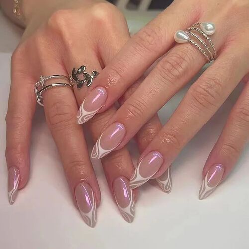 24Pcs Peach Blossom Fake Nails Press on Almond False Nails R