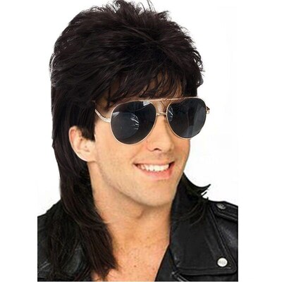 Wig Mens Mullet Wig Brown Curly Hair 80s Retro Role Playing