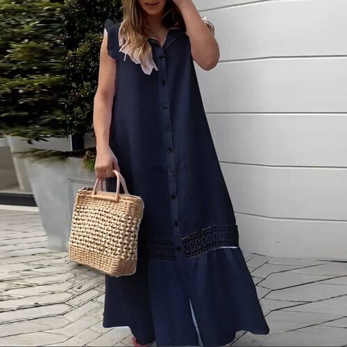 Casual Street Sleeveless Boho Ruffle Shirt Dress Women Hollo