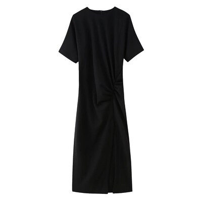Pleated Split Midi Dress 2025 Style Raglan Sleeve Round Neck