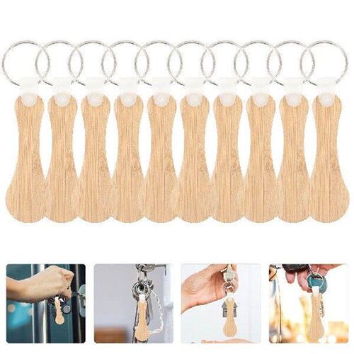 10Pcs Bamboo Keychain Shopping Metal Keyrings Cart Token
