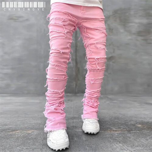 Mens Regular Fit Stacked Jeans Ripped Slim Fit Patch