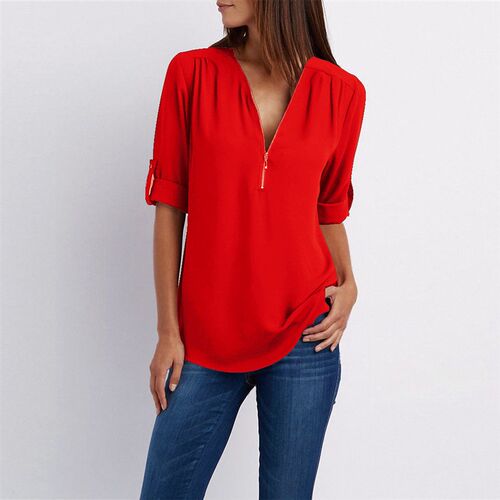 Spring Vintage Plus Size Womens Blouses Long Sleeve V Neck