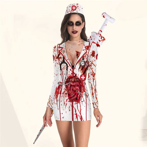 Crew Neck H Shape Bloody Nurse Costume Dress Gothic Style