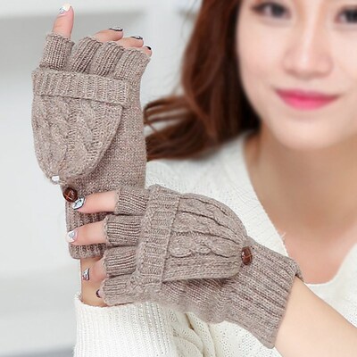Unisex  Wool Knitted Fingerless Flip Gloves Winter Warm Fing