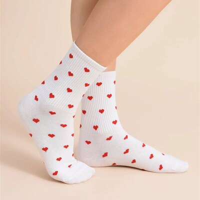 2 Pairs Women Middle Stockings Set Red Heart Pattern in Whit