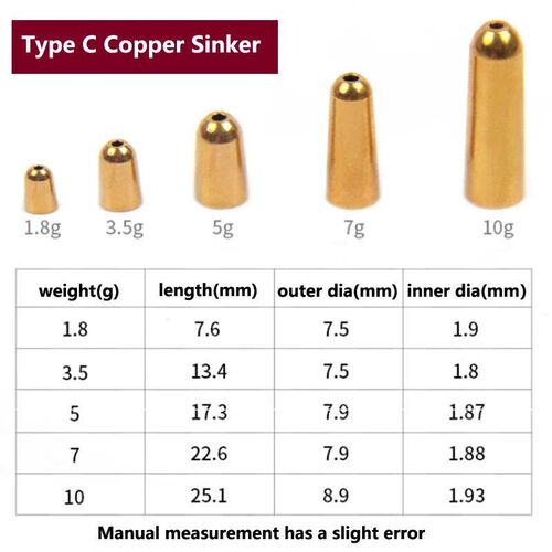 5pcs 1.8g - 21g Fishing Bullet Weights Brass Sinker For Fish