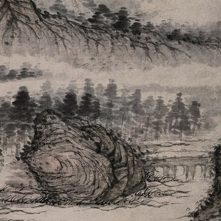 清 石涛 古木垂阴图国画真迹山水风景条幅竖轴装裱客厅挂画装饰画