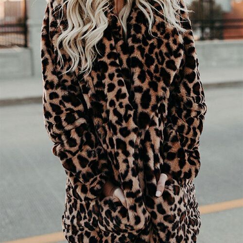 2023 Autumn Winter Womens Leopard Faux Fur Coat Female