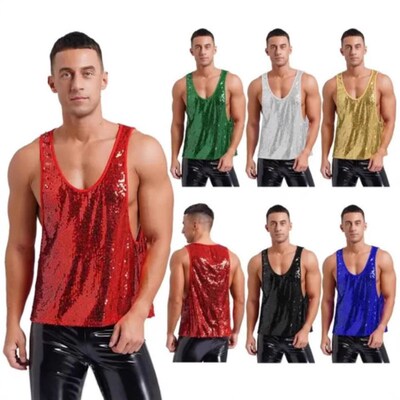 2025 Mens Clothing Solid Color Loose Sleeveless Sequin Spor