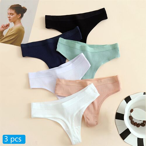 3 Pcs Seamless Ladies Ribbed Cotton Thong Simple Womens Low