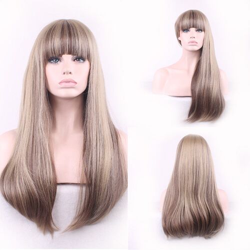 Rose Net Mixed Color Gradient Wig Straight Bangs Wig Full He