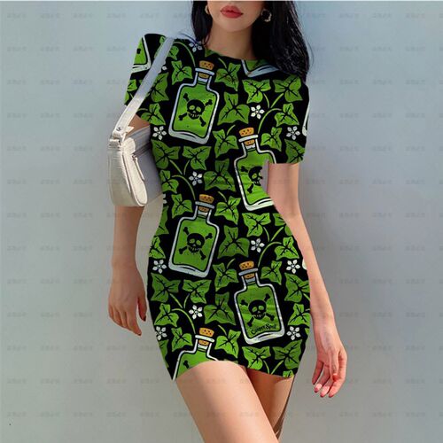 Skull Flower Printing Mini Dress Women Skinny O Neck Short