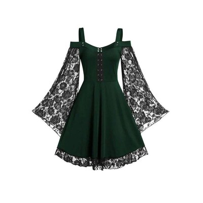 2024 New Gothic One-shoulder Lace Stitching Flared Sleeve Dr