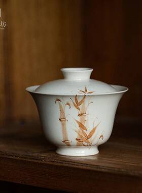 AL711021手绘竹盖碗草茶木灰陶瓷二才泡碗手抓碗复影古敬碗家用功