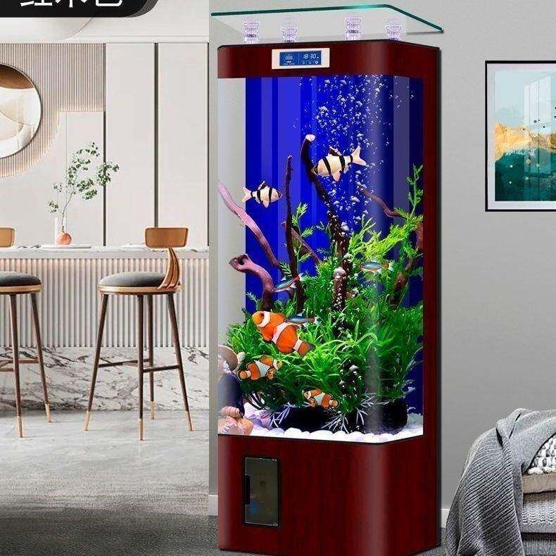 家热弯靠用电视柜旁过滤客墙厅水族箱高玻985清背立式鱼缸璃落地