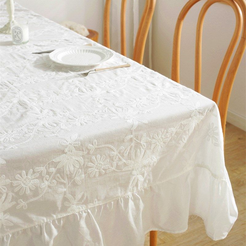 欧式田园白色立体绣花全棉防水防油荷叶边茶几台布餐桌布盖布盖巾,居家布艺,桌布,淘宝优惠券,粉丝福利购,淘宝优惠卷