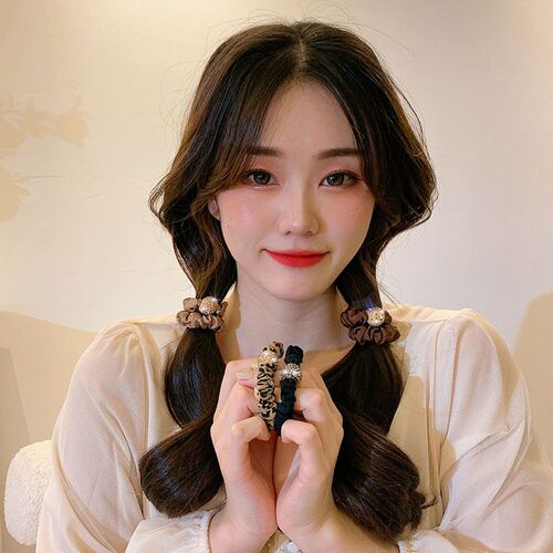 Fashion Summer Rhinestone Ball Leopard Scrunchie Women Simpl