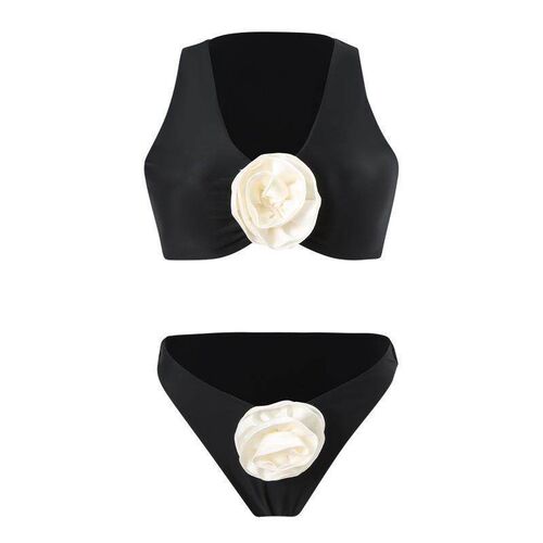 Three dimensional flower high waisted bikini split swimsuit