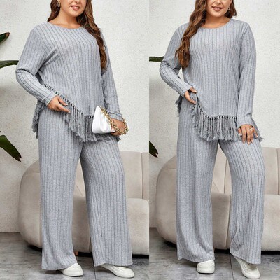 Women Loose-Fit Long-Sleeves Tassel Top + Wide-Leg Pants Set