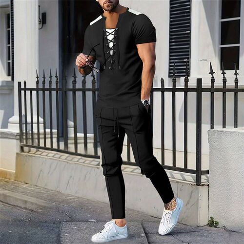 25 Mens V-neck Rope Short-sleeved Trousers Two-piece Casual