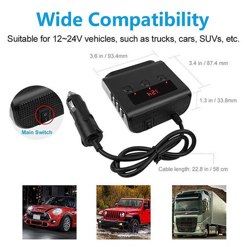 120W Cigarette Lighter Adapter QUI CHARGE 3.0 12V/24V 3-Sock