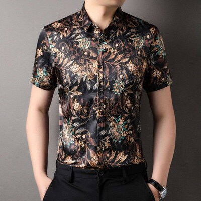 Summer Middle-aged Mens Ice Silk Short-sleeved Floral Shirt