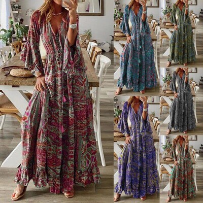 Women Bohemian Beach Maxi Dress Spring Summer Casual V-Neck