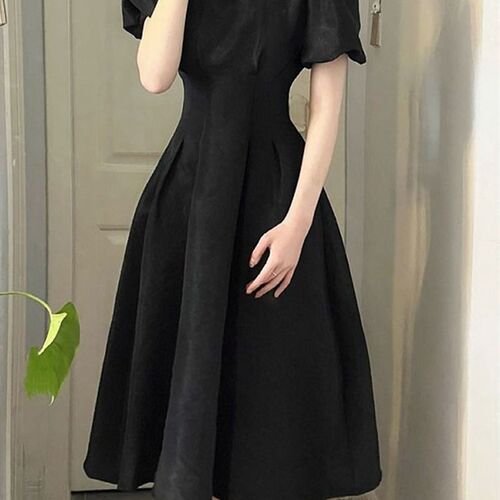 Vintage Dress Women Summer Square Collar Puff Sleeve High