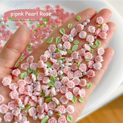 20pcs Lace Bow &30pcs 3D Mixed Size Pearl Resin Flower Pink