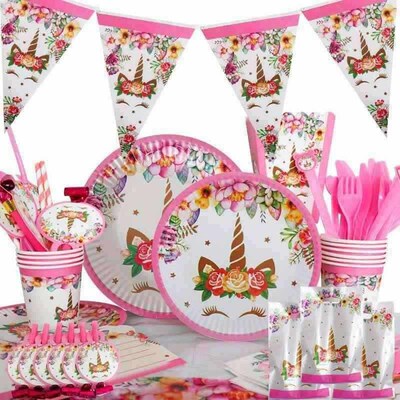 Girl Birthday Party Pink Unicorn Paper Plate Cup Napkin