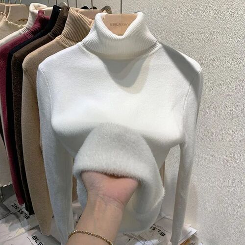 Solid Color Turtleneck Plus Velvet Pullover Sweater Women Al